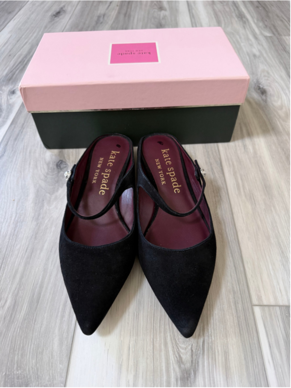 Kate Spade Meg Suede Mary Jane Flats Black Pointed Toe Crystal Size 9.5B K4994 - Picture 2 of 11